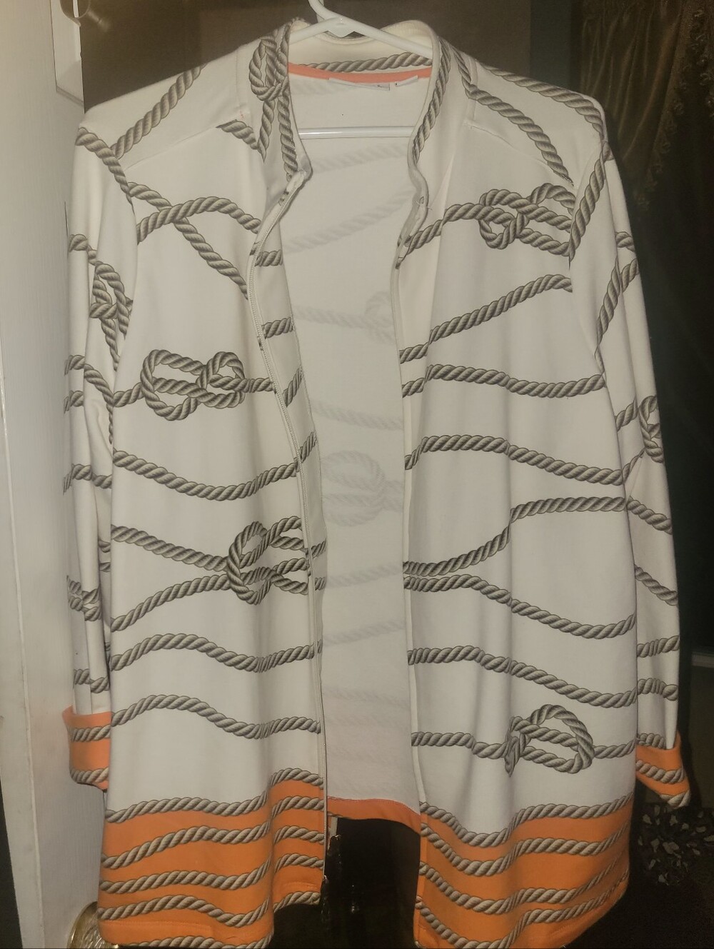 Susan Graver Cream Open Cardigan with Orange Hem and Rope Print